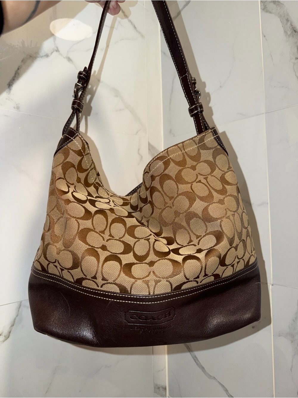 Coach Brown Signature Canvas Hobo with Dark Brown Leather Trim